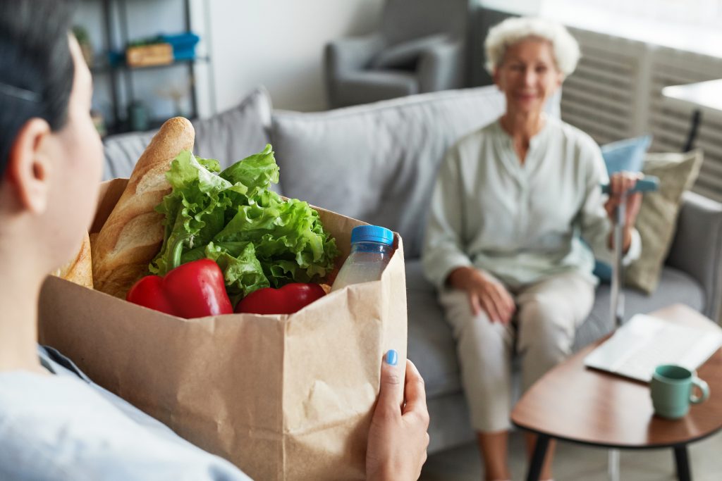 Female caregiver bringing groceries to senior woman