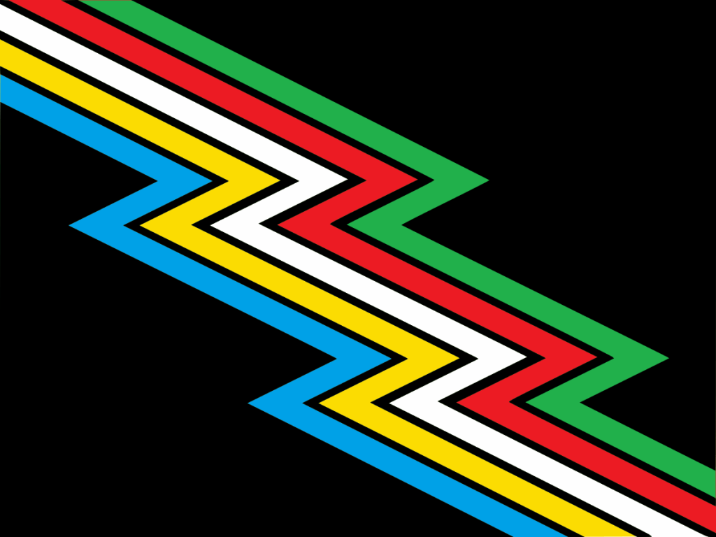 Original Disability Pride Flag with green, red, white, yellow, and blue zig zag lines on a black background. 